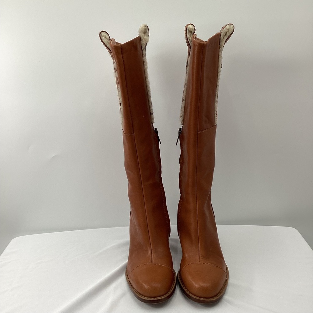 UGG Women's Tall Tan Leather Heeled Boots - Picture 4 of 16